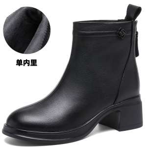 复古短靴女新款中跟加绒棉靴女圆头粗跟单靴牛皮短靴马丁靴