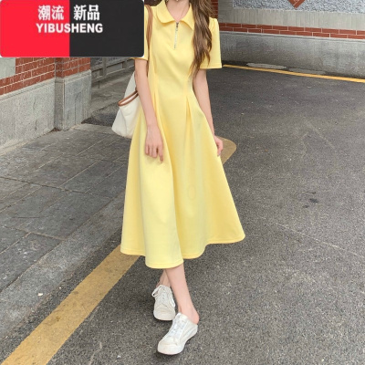 YIBUSHENG学院风polo领连衣裙女季2024新款中长款收腰显瘦初恋短袖a字裙