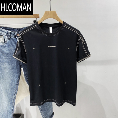 HLCOMAN2025夏季新款韩版休闲宽松刺绣字母冰丝短袖T恤男潮流百搭半袖衫t