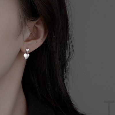 S999纯银新款爱心耳钉简约气质高级感小众时尚轻奢风光面双层耳饰送女朋友老婆情人节七夕生日礼物