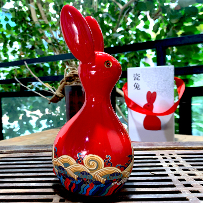 福人福地伴手礼室内家具书架办公桌子中式客厅装饰陶瓷兔子摆件家居饰品可爱卡通