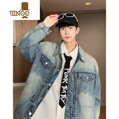 YANXU欧美高街牛仔夹克男设计感美式vibe潮牌痞帅宽松翻领工装外套