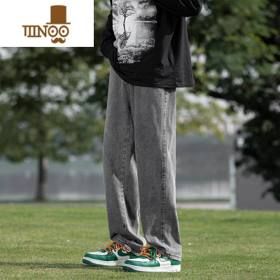 YANXU烟灰色牛仔裤男夏季薄款宽松阔腿裤子ins潮牌港风高街直筒长裤子