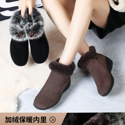短靴女秋冬复古风个性时装靴毛毛口坡跟磨砂皮靴软底加绒棉鞋