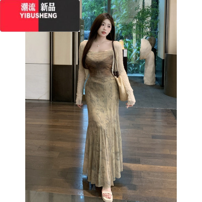 YIBUSHENG温与柔[庄周梦蝶]印花新中式吊带长裙收腰显瘦包臀鱼尾连衣裙