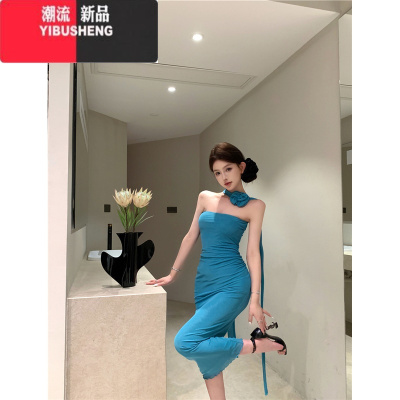 YIBUSHENG纯欲花朵一字肩抹胸连衣裙女季紧身褶皱长裙显身材收腰包臀裙子