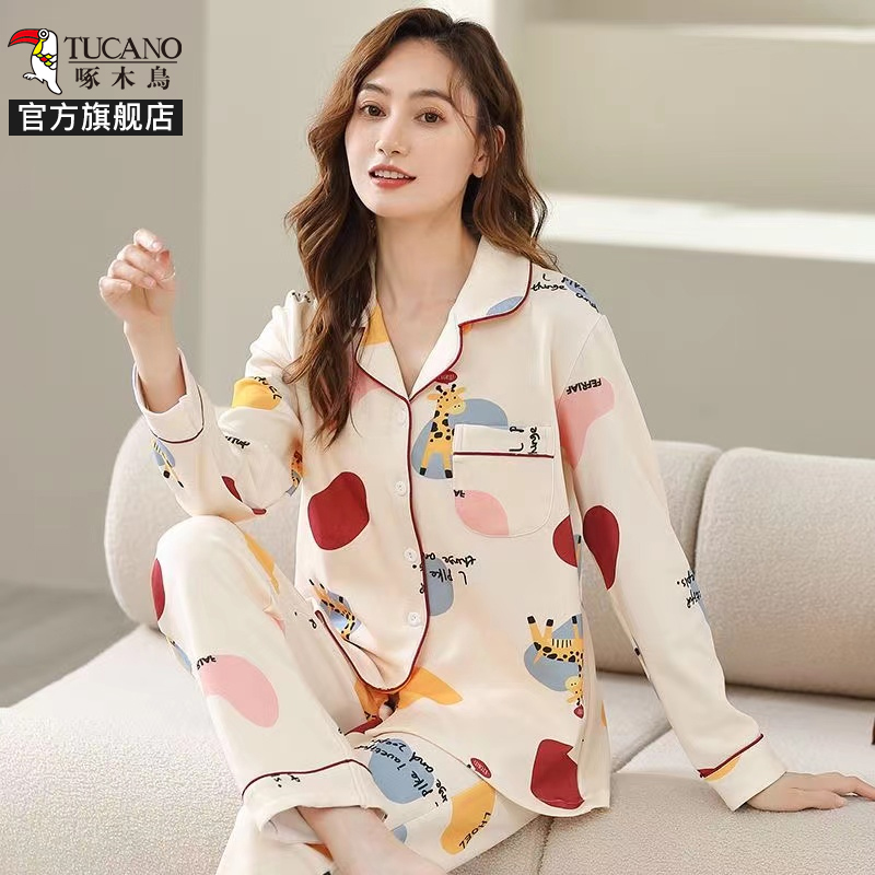 啄木鸟2025新款春季中老年时尚女士纯棉睡衣长袖长裤可外穿家居服