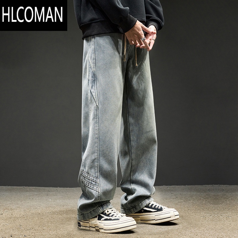 HLCOMAN牛仔裤男款美式宽松直筒裤子男生垂感工装加绒阔腿裤秋季男裤