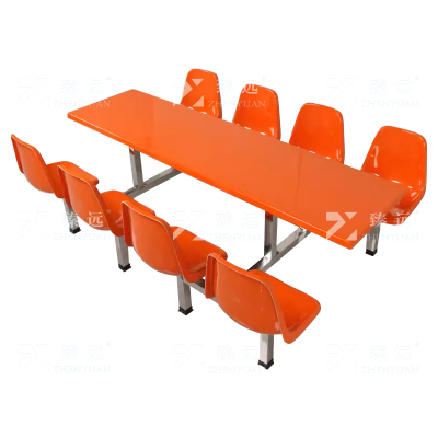 臻远 ZY4040862 玻璃钢连体餐桌椅组合8人位不锈钢架靠背款