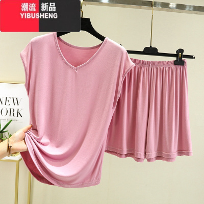 YIBUSHENG莫代尔套装女2024季内搭v领无袖t恤宽松大码居家睡衣睡裤两件套