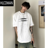 HLCOMAN美式复古创意字母短袖T恤男夏季潮牌白色宽松小领口上衣