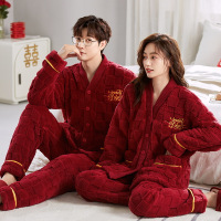 情侣睡衣秋冬季珊瑚绒本命年喜庆结婚大红色一男士一女家居服套装