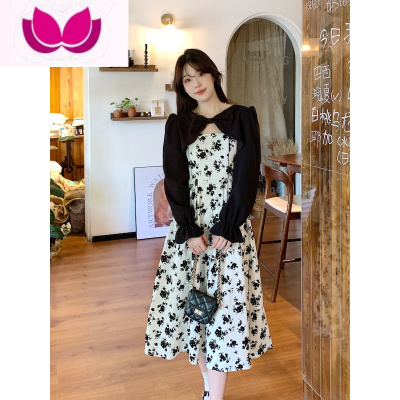 七斓大码裙子套装女秋胖MM遮肉显瘦长袖披肩复古碎花吊带连衣裙套