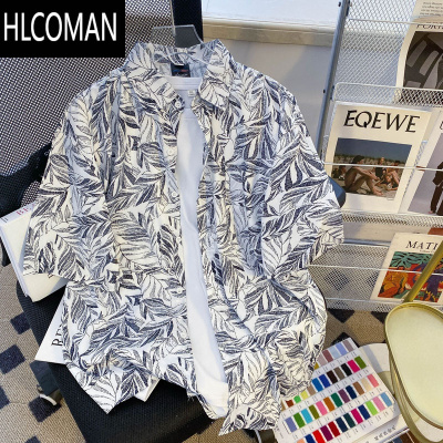 HLCOMAN夏季冰丝五分袖衬衫男士花色半袖寸衫休闲宽松高级感短袖衬衣外套