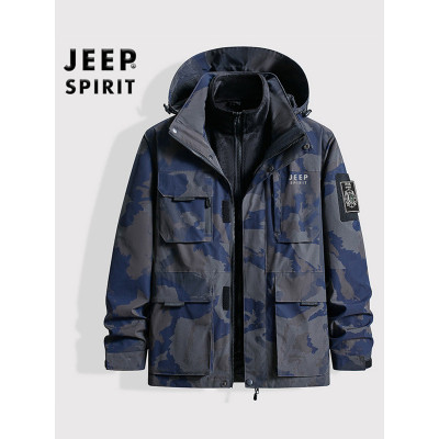 JEEP SPIRIT秋冬季男士青年休闲登山服二件套可拆卸内胆连帽大码外套