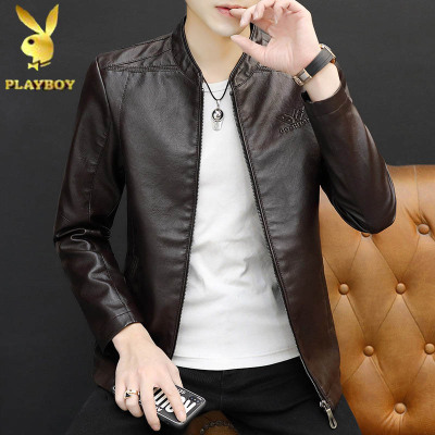 花花公子男士皮衣春秋季修身薄款韩版立领皮夹克外套男装机车服潮