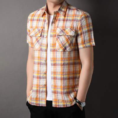 夏季纯亚麻短袖衬衣男中国风薄麻料衬衫国潮复古格子工装半袖