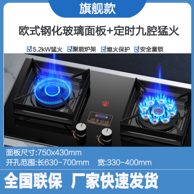 巧妙(QIAOMIAO)燃气灶家用天然气煤气灶双灶台式嵌入式两用9腔猛火灶:欧式大底板522B+鸳鸯猛火+定时+天然气