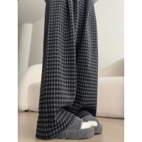 黑色毛呢格子裤女新款秋季垂感窄版直筒宽松小个子西装阔腿裤