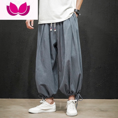 七斓九分裤男夏季直筒亚麻裤宽松阔腿冰丝休闲裤子大码束脚灯笼裤