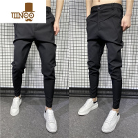 YANXU网红裤子男夏季休闲长裤韩版潮西裤修身黑色束脚裤精小伙小脚裤