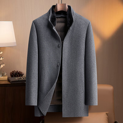 水貂毛领脱卸鹅绒内胆双面呢大衣男士秋冬中老年羊毛大衣中长外套