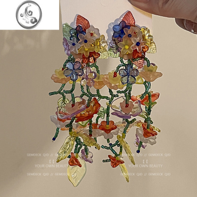 JiMi夸张花丛 耳环2023年新款重工亚克力串珠耳夹编织长款流苏耳饰女