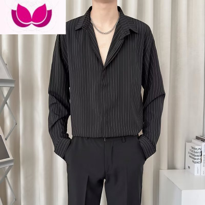 七斓黑色条纹衬衫男士商务休闲西装内搭打底百搭衬衣垂感免烫寸衫外套