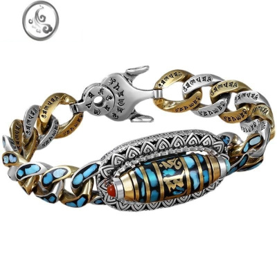 JiMi高级感藏银手链男款潮流霸气九眼天珠可转动复古个性手串