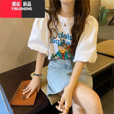 YIBUSHENG季显瘦别致上衣泡泡袖高级设计感女小众宽松短袖t恤2023新款潮