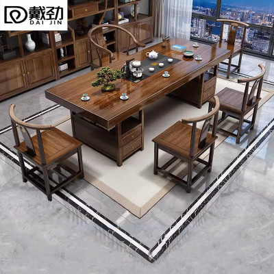 戴劲原木大板茶桌椅组合茶海茶桌办公室茶几茶道喝茶桌套装一体 1.8米储物款大板+1围椅4月牙椅
