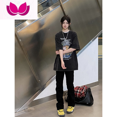 七斓美式vibe风裤子高街潮牌纯黑色微喇牛仔裤男款弹力修身窄版直筒裤