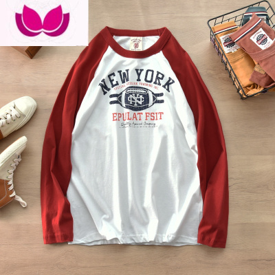 七斓创意插肩袖!圆领打底衫男 舒适休闲复古宽松拼接长袖T恤