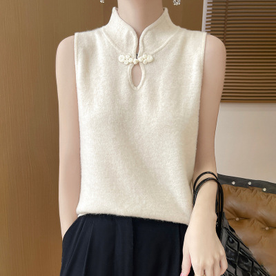 新中式国风盘扣上衣女小众复古无袖T恤背心纯色立领气质打底衫