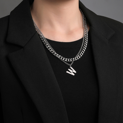 双层叠戴字母项链男女小众设计感ins嘻哈简约百搭个性情侣毛衣链送女朋友老婆情人节七夕生日礼物