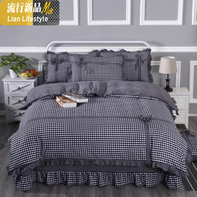 ins网红春秋针织棉被套四件套棉花边式床单公主风蝴蝶结被罩4 三维工匠