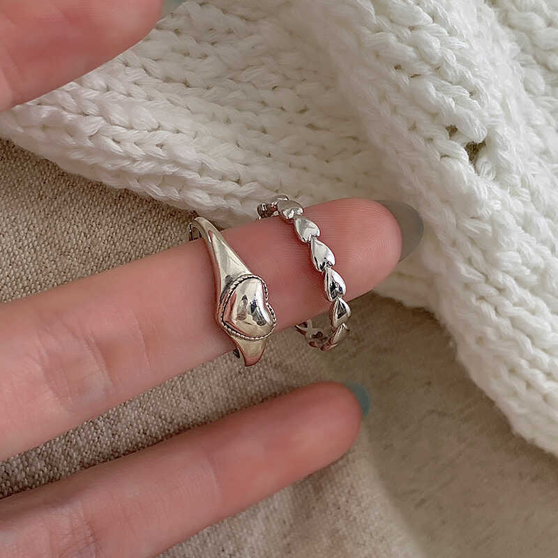 s925纯银复古爱心戒指组合个性开口食指戒简约不掉色指环银饰送女朋友老婆情人节七夕生日礼物