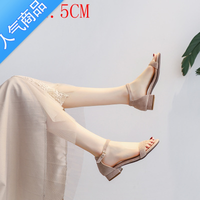 SUNTEK女鞋2023年夏新款韩版低跟平底百搭中跟粗跟仙女风一字扣带凉鞋女