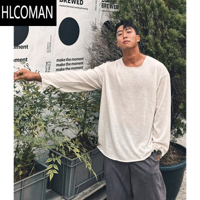 HLCOMAN慵懒风镂空冰丝针织t恤男凉感透气宽松拉领长袖户外运动上衣