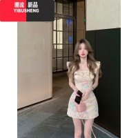 YIBUSHENG法式方领重工印花小飞袖连衣裙女季蝴蝶结收腰包臀短裙气质裙子