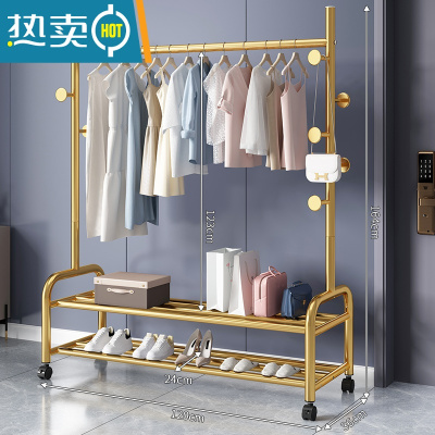 敬平晾衣架落地折叠家用晒衣架阳台卧室挂衣架子室内简易单杆式衣帽架 [120CM❤25管粗]双层置物一体蘑菇7钩-金 大