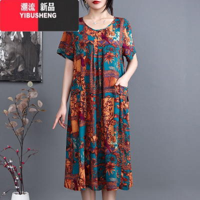 YIBUSHENG新款中老年女装装棉绸连衣裙过膝长裙40-50岁中年妈妈碎花裙子