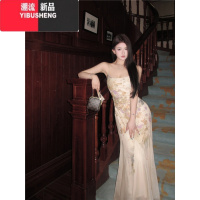 YIBUSHENG复古印花性感吊带连衣裙女装季设计感修身长裙气质收腰鱼尾裙子