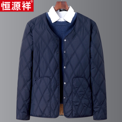 恒源祥中老年爸爸装v领开衫冬季加绒加厚保暖羽绒棉衣无领外套男