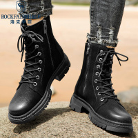 洛克华菲马丁靴冬季复古男鞋中帮英伦风工装靴加绒高帮真皮潮男黑色靴子