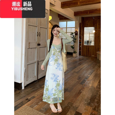 YIBUSHENG法式蕾丝碎花吊带连衣裙女季纯欲气质海边度假收腰显瘦A字长裙