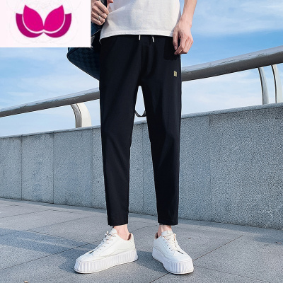 七斓潮牌百搭黑色裤子男士痞帅束脚休闲长裤潮流修身小脚九分裤