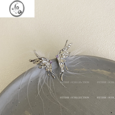 JiMi甜酷液态金属蝴蝶羽毛耳环女小众设计感高级耳夹无耳洞耳环耳饰品