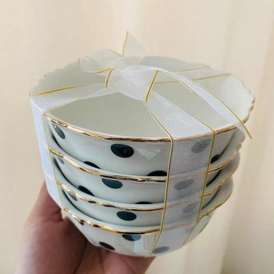 碗碟套装家用高颜值陶瓷餐具碗网红新骨瓷饭碗早餐碗蕾丝绑带 敬平 黑波点4个饭碗 (蕾丝绑带)
