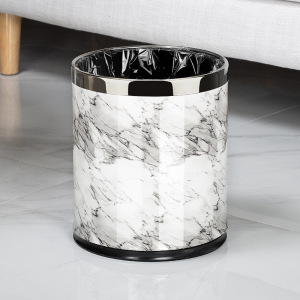 家用创意双层垃圾桶客厅高档办公室北欧厨房卧室厕所卫生间 白色大理石纹-10L银圈